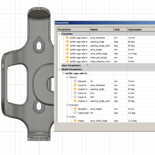 Fusion 360-Parameter für Seitenlast-Flaschenhalter