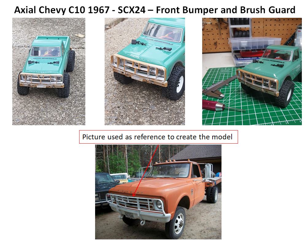 STL file Axial SCX24 Chevy C10 Front Bumper and Brush Guard Assembly・3D printing idea to